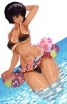 1girl arm_behind_head black_hair breasts cleavage closed_mouth commission dutch_angle english_commentary highres looking_at_viewer medium_breasts navel ocean original outdoors short_hair tan tanlines tomatolover16 wading wet 