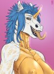  2020 anthro artist_logo big_breasts black_sclera blue_hair breasts bust_portrait dated equid equine eyelashes female hair hi_res horn hybrid logo looking_at_viewer mammal narrowed_eyes nipples nude open_mouth pink_background portrait riorix scales scalie sharp_teeth simple_background solo teeth tongue tongue_out unicorn yellow_body yellow_breasts yellow_eyes yellow_horn yellow_nipples yellow_scales yellow_tongue 
