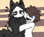  4_fingers anthro black_body black_fur black_sclera blue_eyes brown_hair canid canine canis changed_(video_game) cheek_tuft chest_tuft crotch_tuft daww dragontim dripping duo edit embrace facial_tuft fingers fur goo_creature hair head_tuft hug human human_on_anthro interspecies lin_(changed) male male/male mammal mask one_eye_closed open_mouth puro_(changed) tuft white_body white_eyes wolf 