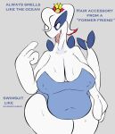  2022 anthro avian big_breasts blue_body blue_clothing blue_swimwear bodily_fluids breasts cheerleader_outfit cleavage clothed clothing drooling english_text eyelashes female generation_2_pokemon gesture grey_background hair half-length_portrait hi_res highlights_(coloring) information legendary_pokemon lugia midriff navel nintendo nipple_outline open_mouth overweight overweight_female plantedpot pointing pointing_at_self pokemon pokemon_(species) pokemorph portrait red_highlights saliva sharp_teeth simple_background solo sweat sweatdrop swimwear teeth text thick_thighs tongue tongue_out video_games white_body white_hair white_skin 