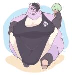  anthro bear belly big_belly big_breasts black_hair breasts cleavage clothed clothing dessert ear_piercing female food fur hair hi_res holding_food holding_object ice_cream kapptastic mammal morbidly_obese morbidly_obese_anthro morbidly_obese_female navel_outline obese obese_anthro obese_female overweight overweight_anthro overweight_female piercing purple_body purple_fur solo tongue tongue_out 