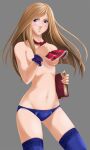  1girl blue_eyes blue_thighhighs blush book breasts brown_hair castlevania castlevania:_portrait_of_ruin charlotte_aulin closed_mouth highres kurakuen long_hair looking_at_viewer panties photoshop_(medium) simple_background solo thighhighs underwear 