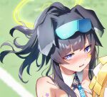  1girl aekun_cben animal_ears bangs bare_arms bare_legs bare_shoulders black_hair blue_archive blush breasts cheerleader cleavage commentary crop_top dog_ears dog_girl dog_tail eyewear_on_head goggles goggles_on_head halo hand_up hibiki_(blue_archive) hibiki_(cheerleader)_(blue_archive) long_hair looking_at_viewer midriff navel official_alternate_costume pleated_skirt pom_pom_(cheerleading) purple_eyes shoes sitting skirt sneakers solo sticker sticker_on_face tail thighs 