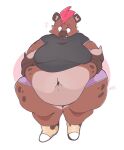  anthro belly big_belly big_breasts breasts brown_body brown_fur clothed clothing female fur hand_on_stomach hyena kapptastic mammal navel obese obese_anthro obese_female overweight overweight_anthro overweight_female simple_background solo 