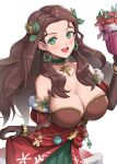  1girl bare_shoulders breasts brown_hair candy candy_cane christmas christmas_wreath_earrings cleavage collarbone dorothea_arnault dress earrings fire_emblem fire_emblem:_three_houses fire_emblem_heroes food gift gingerbread_man gonzarez green_dress green_eyes hair_ornament highres holly_hair_ornament jewelry large_breasts looking_at_viewer official_alternate_costume open_mouth red_dress simple_background smile solo teeth upper_teeth_only white_background 