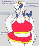  2022 anthro avian big_breasts blue_body bodily_fluids bottomwear breasts cheerleader cheerleader_outfit clothed clothing drooling english_text eyelashes female generation_2_pokemon gesture grey_background hair half-length_portrait hi_res highlights_(coloring) information legendary_pokemon lugia midriff nintendo open_mouth overweight overweight_female plantedpot pointing pointing_at_self pokemon pokemon_(species) pokemorph portrait red_highlights saliva sharp_teeth simple_background skirt solo teeth text tongue tongue_out video_games white_body white_hair white_skin 