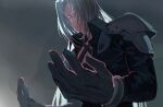  1boy armor bangs black_gloves black_jacket chest_strap final_fantasy final_fantasy_vii final_fantasy_vii_remake from_below gloves grey_background grey_hair high_collar highres jacket long_bangs long_hair long_sleeves looking_at_hands male_focus parted_bangs sephiroth shou_rou shoulder_armor solo upper_body 