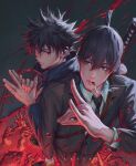  2boys artist_name artistdkt back-to-back bangs black_hair black_jacket black_necktie black_pants blood blood_splatter chainsaw_man cigarette collared_shirt corpse dog_shadow_puppet earrings fingernails formal fox_shadow_puppet fushiguro_megumi grey_background hand_eye hayakawa_aki highres jacket jewelry jujutsu_kaisen jujutsu_tech_uniform katana looking_at_another looking_to_the_side multiple_boys necktie pants sharp_fingernails shirt shirt_tucked_in short_hair simple_background sling smoke smoking stud_earrings suit suit_jacket sword topknot weapon weapon_on_back white_shirt 