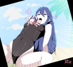  1girl black_one-piece_swimsuit blue_eyes blue_hair breasts covered_navel crab emphasis_lines fire_emblem fire_emblem_awakening hairband heart highleg highleg_swimsuit highres long_hair lucina_(fire_emblem) one-piece_swimsuit open_mouth r3dfive saliva small_breasts solo spread_legs swimsuit watermark 