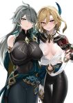  2girls absurdres alhaitham_(genshin_impact) arm_under_breasts bangs black_gloves black_pants blonde_hair blue_eyes blush breasts cape chest_jewel clothing_cutout covered_nipples detached_sleeves earrings feather_hair_ornament feathers genderswap genderswap_(mtf) genshin_impact gloves hair_between_eyes hair_ornament hand_on_another&#039;s_waist highres jewelry kaveh_(genshin_impact) large_breasts long_hair looking_at_viewer multicolored_hair multiple_girls nail_polish navel_cutout nipio pants parted_lips partially_fingerless_gloves red_eyes red_nails shoulder_cape simple_background very_long_hair white_background 