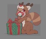  ailurid anthro blush brown_body brown_eyes brown_fur christmas christmas_present clothing diaper fur furgonomics grey_background hi_res holidays hoodie male mammal max_(skidoo) pacifier red_panda red_ribbon reindeer_costume simple_background skidoo solo solo_focus topwear white_body white_fur 