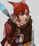  1boy animal_ears brown_scarf cat_boy cat_ears ciino00o facial_mark final_fantasy final_fantasy_xiv fingerless_gloves g&#039;raha_tia gloves grey_background hair_between_eyes highres jewelry looking_at_viewer male_focus miqo&#039;te necklace open_mouth red_eyes red_hair scarf short_hair slit_pupils smile solo upper_body 