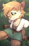  anthro barefoot blouse bottomwear breasts brown_body brown_fur chest_tuft clothed clothing deer drawligator feet female fur grass green_eyes hands_on_feet hi_res high-angle_view hooved_plantigrade hooved_toes kneeling kneeling_on_grass kneeling_on_ground looking_at_viewer looking_up looking_up_at_viewer mammal outside plant plantigrade seiza signature sitting sitting_on_grass sitting_on_ground skirt smile smiling_at_viewer solo tabitha_(drawligator) topwear tuft 