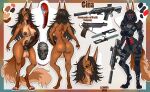  animal_genitalia animal_penis anthro armor balls big_breasts black_hair breasts brown_body canid canine canine_penis canis clothed clothing digital_media_(artwork) erection fur genitals gun hair headgear helmet hi_res holding_object holding_weapon intersex jackal knife leonifa looking_at_viewer mammal model_sheet nipples nude penis ranged_weapon simple_background smile solo text weapon 