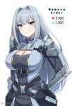  1girl armor belt black_gloves blue_eyes breasts cleavage cleavage_cutout clothing_cutout ethel_(xenoblade) gloves grey_hair hair_intakes hand_on_hip highres large_breasts long_hair looking_at_viewer meme namu_(112namu) shoulder_armor smile solo twitter_strip_game_(meme) xenoblade_chronicles_(series) xenoblade_chronicles_3 