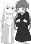  2girls anger_vein blush braid camekirin commentary greyscale jitome juju_coo_shnamur kukuri_(mahoujin_guruguru) long_hair mahoujin_guruguru monochrome multiple_girls robe twin_braids white_background 