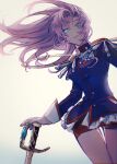  1girl aiguillette bangs black_jacket blue_eyes epaulettes floating_hair highres holding holding_weapon jacket long_hair long_sleeves looking_at_viewer open_mouth pink_hair red_shorts shorts shoujo_kakumei_utena solo standing sword sword_of_dios tenjou_utena tuoyan_tu uniform weapon 