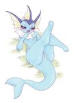  anthro anus blush eeveelution female fin generation_1_pokemon genitals grass half-closed_eyes hi_res legs_up looking_at_viewer lying narrowed_eyes nintendo noronori on_back open_mouth plant pokemon pokemon_(species) pussy simple_background solo vaporeon video_games white_background 