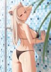  1girl animal_ears ass back bikini black_bikini blurry breasts closed_mouth depth_of_field forehead from_behind grey_eyes hand_on_wall highres hololive large_breasts lion_ears lion_girl long_hair looking_at_viewer looking_back raised_eyebrows shishiro_botan shower_(place) showering smile solo strap_gap swimsuit tile_wall tiles virtual_youtuber water wei_xiao wet white_hair 