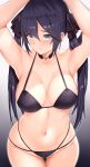  1girl absurdres arind_yudha armpits arms_up bangs bikini black_background black_bikini black_hair black_ribbon blush breasts cleavage closed_mouth collarbone genshin_impact gradient gradient_background green_eyes hair_ornament hair_ribbon highres large_breasts long_hair looking_at_viewer mona_(genshin_impact) navel ribbon simple_background swimsuit thigh_gap twintails white_background 