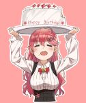  1girl ahoge birthday_cake breasts cake carrying_overhead closed_eyes cropped_torso delf food food_on_face hair_ornament hairclip happy_birthday highres hololive large_breasts long_hair long_sleeves outline pink_background pink_hair sakura_miko solo upper_body virtual_youtuber 
