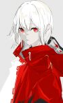  1girl :/ absurdres bangs closed_mouth hair_between_eyes highres hood hoodie jacket looking_at_viewer maimuro medium_hair original pale_skin red_eyes red_hoodie shirt simple_background solo standing upper_body white_background white_hair 