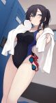  1girl black_hair black_one-piece_swimsuit blue_eyes breasts check_commentary commentary_request competition_swimsuit covered_navel feet_out_of_frame from_below goggles goggles_removed highres locker locker_room looking_to_the_side medium_breasts metaring one-piece_swimsuit original ponytail short_hair solo swimsuit towel two-tone_swimsuit wet 