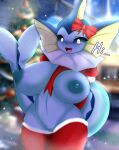  absurd_res anthro blue_body blue_eyes blush breasts chocomenta christmas clothing eeveelution english_text female generation_1_pokemon genitals hi_res holidays legwear looking_at_viewer nintendo nipples open_mouth pokemon pokemon_(species) pokemorph pussy solo text thick_thighs vaporeon video_games 