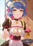  1girl alternate_breast_size alternate_costume blue_hair breasts choker cleavage_cutout clothing_cutout collarbone enmaided food genshin_impact hair_ribbon hair_rings highres ice_cream incoming_food looking_at_viewer maid medium_breasts ribbon short_hair signature slinly smile solo spoon sundae tray xiangling_(genshin_impact) yellow_eyes 