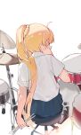  1girl absurdres ahoge back blonde_hair bocchi_the_rock! collared_shirt commentary cymbals drum drum_set drumsticks from_behind hair_ornament hair_scrunchie highres ijichi_nijika instrument long_hair school_uniform scrunchie shirt side_ponytail simple_background sitting solo sweat white_background white_shirt yuan_(ziranran) 