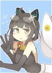  1girl black_hair blush breasts brown_eyes collar gloves matsu_kitsune original solo tail v 