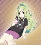  1girl ahoge black_shirt circlet contemporary drinking drinking_straw fire_emblem glass green_hair highres knees_together_feet_apart long_hair nowi_(fire_emblem) petite pointy_ears ponytail purple_eyes purple_shorts r3dfive shirt short_shorts shorts sitting solo t-shirt watermark 