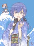  2girls :d animal artist_name assault_lily bangs black_ribbon blue_background blue_eyes blue_hair blue_kimono boat bow chibi chibi_inset commentary fish flag gochisousama_(tanin050) hair_between_eyes hair_ribbon hands_up hayami_katsura highres holding holding_animal holding_fish holding_microphone japanese_clothes kimono long_hair long_sleeves looking_at_viewer low_ponytail microphone multiple_girls music nakahara_mary_tomoyo obi obijime onose_mirai open_mouth parted_lips ribbon sash side_ponytail sidelocks signature singing smile solid_circle_eyes sparkle tairyou-bata teeth translated upper_teeth_only v-shaped_eyebrows voice_actor_connection water watercraft waves wide_sleeves 