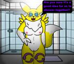  anthro areola bandai_namco bathroom black_nails black_sclera blue_pupils breasts canid canine colored_nails dialogue dialogue_box digimon digimon_(species) drcustom facial_markings female fox genitals hand_on_hip head_markings leg_markings looking_at_viewer mammal markings nails neck_tuft pupils purple_text pussy renamon smile smiling_at_viewer solo text tuft yellow_body 
