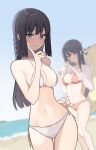  2girls absurdres asakura_nuruma bangs beach bikini bikini_tug black_hair blue_eyes blue_sky blurry blurry_background blush braid breasts cleavage closed_mouth clothes_lift commentary_request cowboy_shot depth_of_field expressionless feet_out_of_frame finger_to_own_chin hair_between_eyes hair_ornament halterneck highres innertube long_hair looking_at_viewer makinohara_shouko medium_breasts midriff multiple_girls navel ocean outdoors rabbit_hair_ornament red_bikini sakurajima_mai sand see-through see-through_shirt seishun_buta_yarou shirt shirt_lift shirt_removed single_braid sky smile standing stomach string_bikini string_pull swimsuit thighs watch water wet wet_face wet_hair white_bikini white_shirt wide_hips wristwatch yellow_innertube 