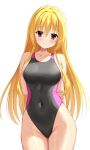  1girl absurdres arms_behind_back blonde_hair breasts cleavage commentary_request competition_swimsuit covered_navel cowboy_shot dracu-riot! groin highres long_hair medium_breasts ncontrail_(mgax7527) nicola_cepheus one-piece_swimsuit red_eyes solo swimsuit 