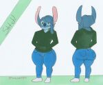  alien anthro big_butt blue_body blue_bottomwear blue_clothing blue_fur blue_hair blue_jeans blue_pants bottomwear butt clothing denim denim_clothing disney experiment_(lilo_and_stitch) fur girly green_clothing green_eyes green_hoodie green_topwear hair hi_res hoodie jeans koala lilo_and_stitch long_ears lovemet123_(lovemet_room) male mammal marsupial model_sheet pants simple_background solo stitch_(lilo_and_stitch) thick_thighs topwear vombatiform white_background wide_hips 