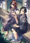  2boys bangs black_hair closed_eyes cup dappled_sunlight eyepatch fusuma grey_robe hair_slicked_back hand_fan hanna_(y_m_d_jgkrk) highres holding holding_cup jigokuraku long_hair medium_hair multiple_boys red_hair robe sidelocks sliding_doors soaking_feet sunlight yamada_asaemon_eizen yamada_asaemon_shugen 