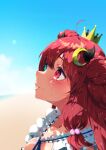  1girl absurdres ahoge bangs beach black_horns blue_eyes blue_sky blurry blush breasts cloud collarbone commentary_request crescent crescent_hair_ornament crown day depth_of_field frills hair_between_eyes hair_ornament heterochromia highres horns looking_up medium_breasts mini_crown na2_tomato nijisanji outdoors parted_lips portrait profile red_eyes red_hair sky solo tearing_up tears two_side_up virtual_youtuber yuzuki_roa 