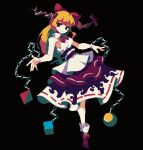  1girl 4qw5 black_background black_eyes bow chain closed_mouth cube footwear_bow full_body hair_bow highres horn_bow horn_ornament horns ibuki_suika long_hair looking_at_viewer orange_hair orb pixel_art purple_skirt pyramid_(structure) red_bow shirt simple_background single_horn skirt sleeveless sleeveless_shirt smile solo touhou white_shirt 