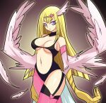  1girl animal_hands bangs bare_shoulders blonde_hair breasts claws cleavage commentary_request duel_monster feathered_wings feathers hair_between_eyes hair_ornament harpie_girl harpy heart heart_hair_ornament kageneko long_hair medium_breasts monster_girl navel open_mouth pink_feathers pink_thighhighs purple_eyes solo thighhighs underboob winged_arms wings yu-gi-oh! 