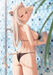  1girl animal_ears ass back bikini black_bikini blurry breasts closed_mouth depth_of_field forehead from_behind grey_eyes hand_on_wall highres hololive large_breasts lion_ears lion_girl lion_tail long_hair looking_at_viewer looking_back raised_eyebrows revision shishiro_botan shower_(place) showering smile solo strap_gap swimsuit tail tile_wall tiles virtual_youtuber water wei_xiao wet white_hair 
