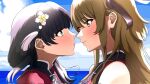 2girls assault_lily bangs bare_shoulders black_hair black_ribbon blue_sky brown_hair closed_mouth cloud eye_contact face-to-face flower from_side green_eyes hair_between_eyes hair_flower hair_ornament hair_ribbon heterochromia highres horizon kuo_shenlin light_blush long_hair looking_at_another low_ponytail multiple_girls nifu_(nixets) ocean official_alternate_costume one_side_up portrait profile red_eyes red_shirt ribbon shirt side_ponytail sidelocks sky sleeveless sleeveless_shirt smile tassel tassel_hair_ornament wang_yujia white_flower yellow_eyes yuri 