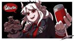  1girl :d absurdres alcohol bangs black_background black_jacket black_necktie border breasts collared_shirt crown cup demon_girl demon_horns drinking_glass fangs gloves hands_up helltaker highres holding holding_cup horns jacket large_breasts lemontansan long_hair long_sleeves lucifer_(helltaker) mole mole_under_eye necktie red_eyes red_shirt shirt skeleton_(helltaker) smile solo_focus speech_bubble teeth tie_clip tongue upper_teeth_only white_border white_gloves wine wine_glass 