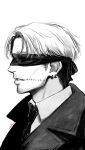  1boy absurdres bangs black_blindfold black_coat black_necktie blindfold chainsaw_man coat collared_shirt curtained_hair ear_piercing elz_(tiramisooooh) facial_hair facing_to_the_side formal from_side greyscale highres kishibe_(chainsaw_man) monochrome necktie piercing shirt short_hair simple_background solo stitched_face stitched_mouth stitches stubble suit undercut white_background white_hair white_shirt 