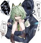  1girl 1other aged_down ambiguous_gender amiya_(arknights) animal_ear_fluff animal_ears arknights black_coat brown_hair carrying carrying_person cat_ears cat_girl coat commentary_request doctor_(arknights) dress green_dress green_eyes highres holding hood hood_up hooded_coat kal&#039;tsit_(arknights) mask na_tarapisu153 off-shoulder_dress off-shoulder_jacket off_shoulder rabbit_ears rabbit_girl simple_background translation_request watch white_background wristwatch 