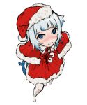  1girl barefoot blue_eyes blue_hair dress fish_tail foreshortening from_above gawr_gura gurumo_(twitter) hat hololive hololive_english holomyth light_blue_hair looking_at_viewer multicolored_hair red_dress red_headwear santa_costume santa_dress santa_hat shark_girl shark_tail simple_background solo streaked_hair tail two-tone_hair white_background 