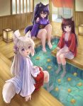  3girls :d absurdres animal_ear_fluff animal_ears bangs bare_legs bare_shoulders barefoot black_hair blue_eyes blue_skirt breasts brown_eyes brown_hair cat_ears commentary_request day folded_ponytail food fox_ears fox_girl fox_tail fruit hair_between_eyes hakama hakama_skirt highres indoors iroha_(iroha_matsurika) japanese_clothes kimono koyoi_(iroha_(iroha_matsurika)) kunoichi-chan_(iroha_(iroha_matsurika)) lantern long_sleeves looking_at_viewer medium_breasts miko multiple_girls mutsuki_(iroha_(iroha_matsurika)) obi open_clothes original ponytail purple_eyes purple_kimono red_hakama sash skirt sleeveless sleeveless_kimono smile soaking_feet striped striped_kimono tail vertical-striped_kimono vertical_stripes water white_kimono wide_sleeves wolf_ears wolf_girl wolf_tail yuzu_(fruit) yuzu_bath 