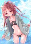  1girl absurdres argyle argyle_bikini bikini black_bikini blue_sky cleavage_cutout clothing_cutout halterneck highres jacket looking_at_viewer mahou_shoujo_madoka_magica nekokawa21 ocean open_clothes open_jacket red_eyes red_hair sakura_kyouko sakura_kyouko_(swimsuit_costume) side-tie_bikini_bottom sky smile solo swimsuit water 