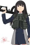  1girl belt binoculars black_hair blue_belt blue_dress collared_shirt commando_(movie) dress explosive grenade grey_dress gun handgun highres holding holding_gun holding_weapon inoue_takina long_hair lycoris_recoil lycoris_uniform pleated_dress purple_eyes rifle shirt signature taku1122 two-tone_dress weapon white_background white_shirt 